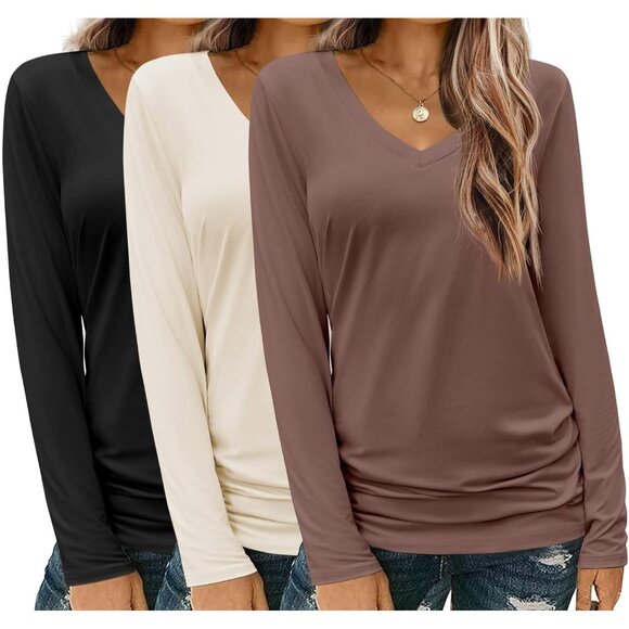 Tops - 3 Pack Women's V Neck Long Sleeve T Shirts Solid Casual Tops S-XXL